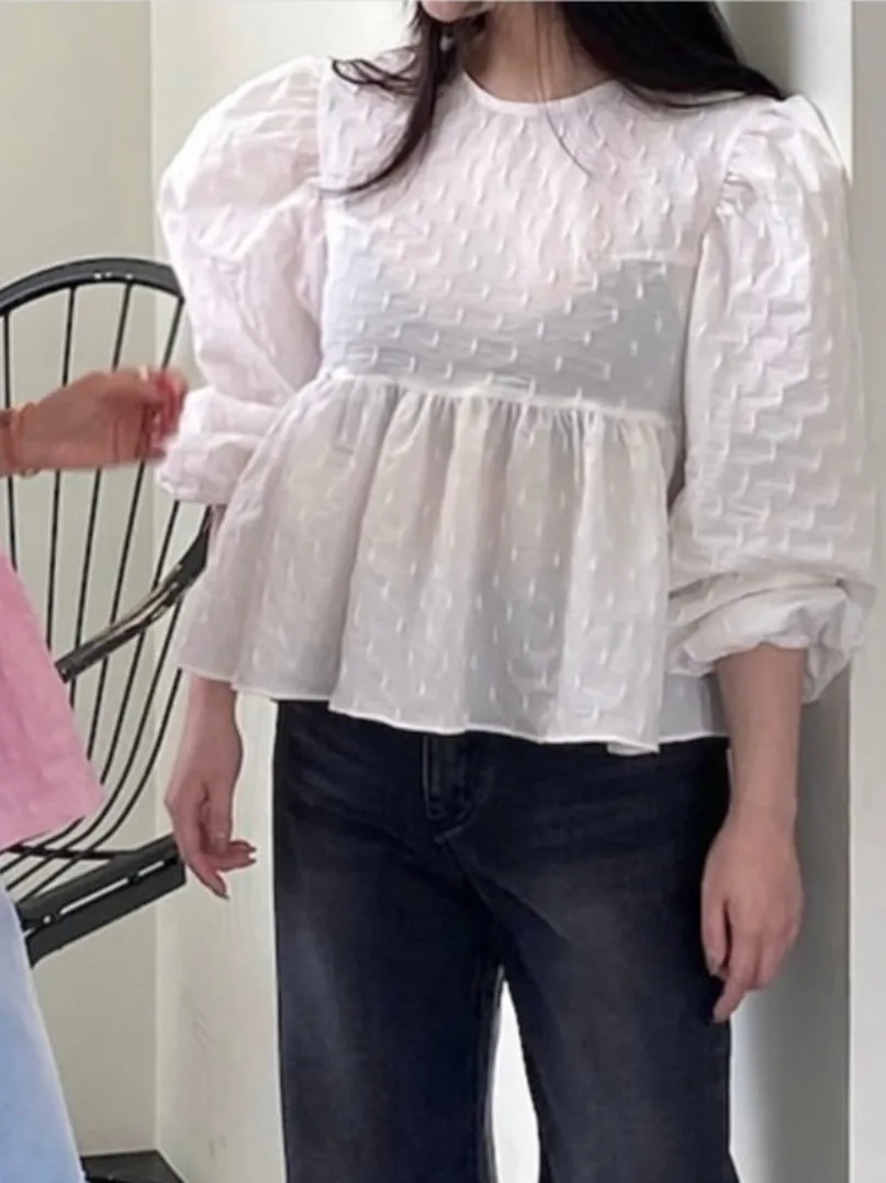 Blusa elegante Bal Lantern Sve para mujer, novedad de primavera, antienvejecimiento, gancho 3D, textura de flor, Top de fibra elástica de poliéster