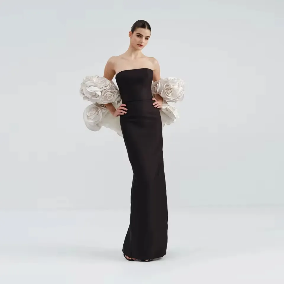 

Beautiful Black Long Straight Formal Dresses With Handmade Flower Jacket Modest Women Party Dress