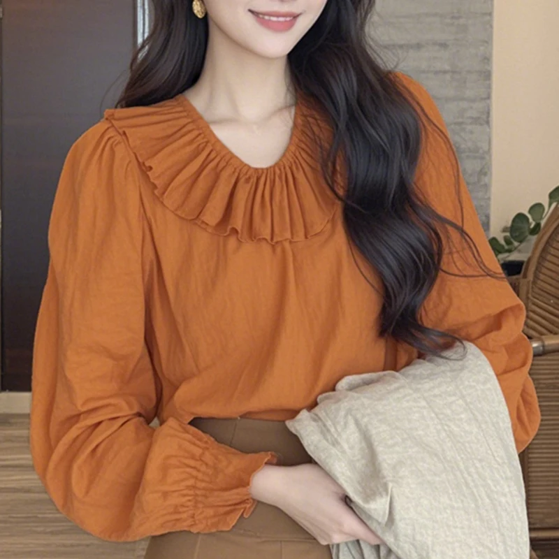 

Весна 2026: Новинка! Женская свободная блузка оранжевого цвета с длинным рукавом и круглым вырезом, премиум-качество, модная, D0263