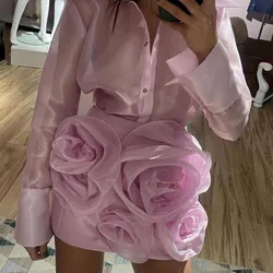 Unique Pink Sheath Short Pencil Skirts With Organza Handmade Flower Details Fashion Bloom Women Mini Maxi Dress