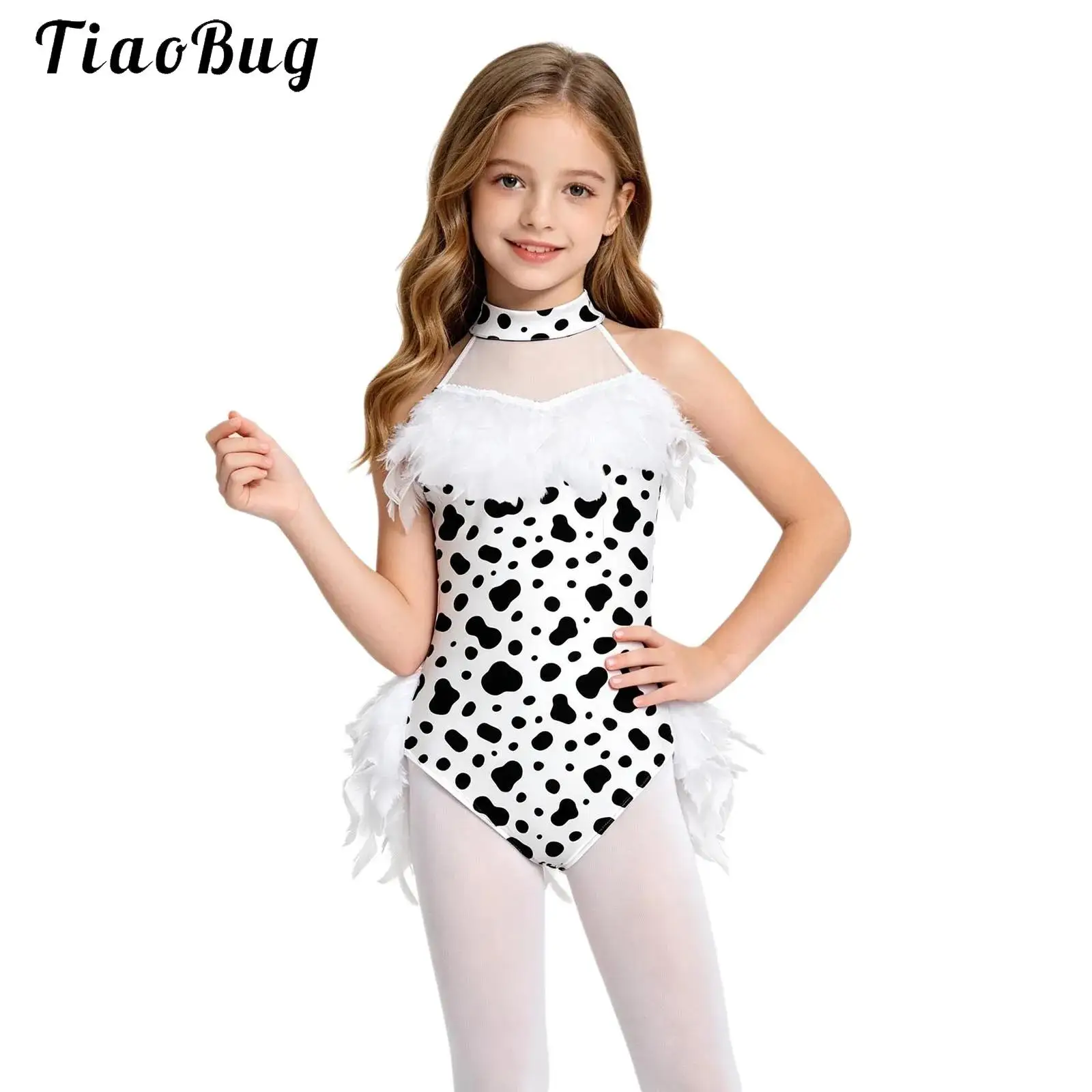 Kids Girls Halloween Party Cosplay Bodysuit Sleeveless Leopard/Dalmatian Print Sports Jumpsuit One-piece Ballet Dance Leotard
