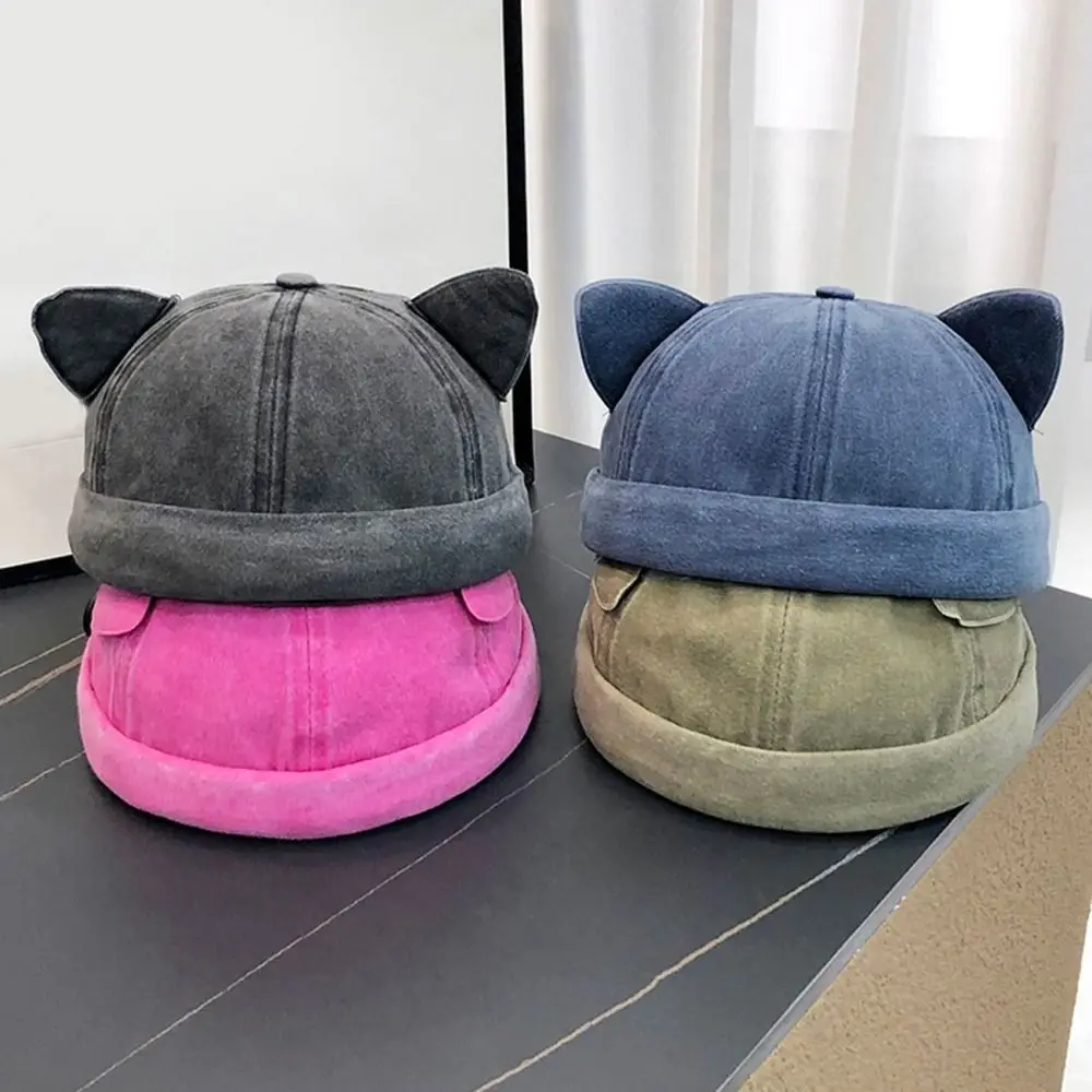 

Casual Cute Cat Ears Brimless Hat Adjustable Washed Old Solid Color Beanie Hat Without Brim Breathable Bucket Cap Camping