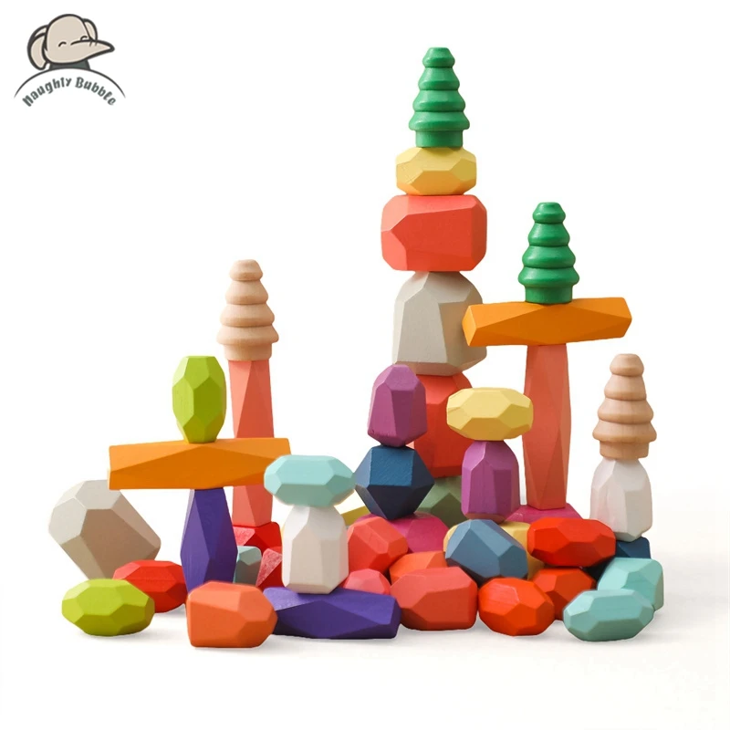 48pc bloco de construção de madeira pedra colorida bebê montessori brinquedo educativo criativo estilo nórdico empilhamento jogo arco-íris pedra brinquedos