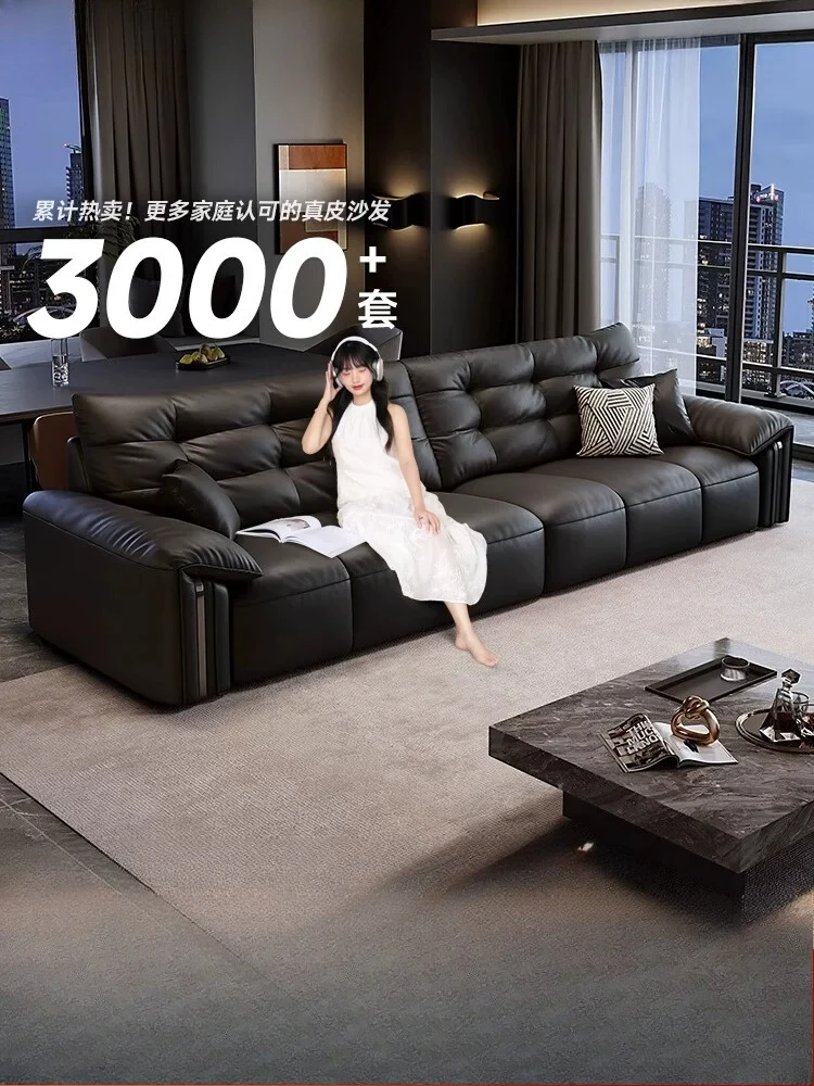 Leather small apartment living room piano keys straight row all leather black sofa