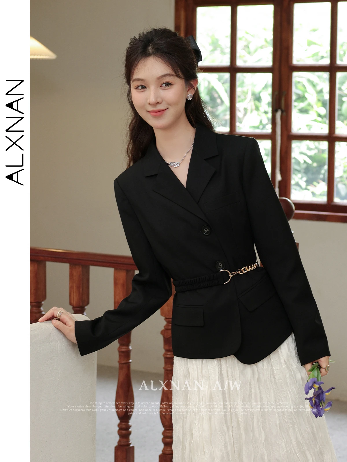 ALXNAN Black Straight Blazer Women 2024 Autumn Commuter Casual Polo Collar Single Breasted Long Sleeve Suit Jacket LXN31136