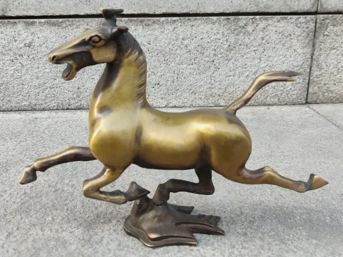 Antique Old Patina Bronze Galloping Horse Treading on a Flying Swallow Statue