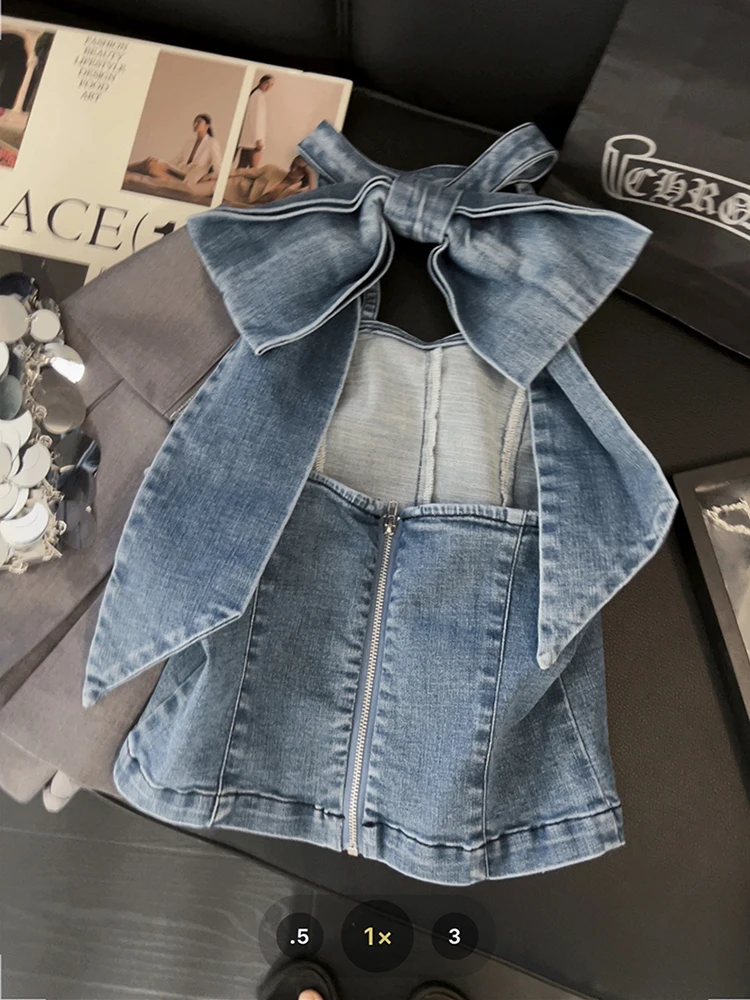 Women\'s Blue Denim Crop Top Vintage Y2k Summer Camisole 90s Aesthetic Fashion Streetwear 2000s Sleeveless Bow Jean Tank Top Vest