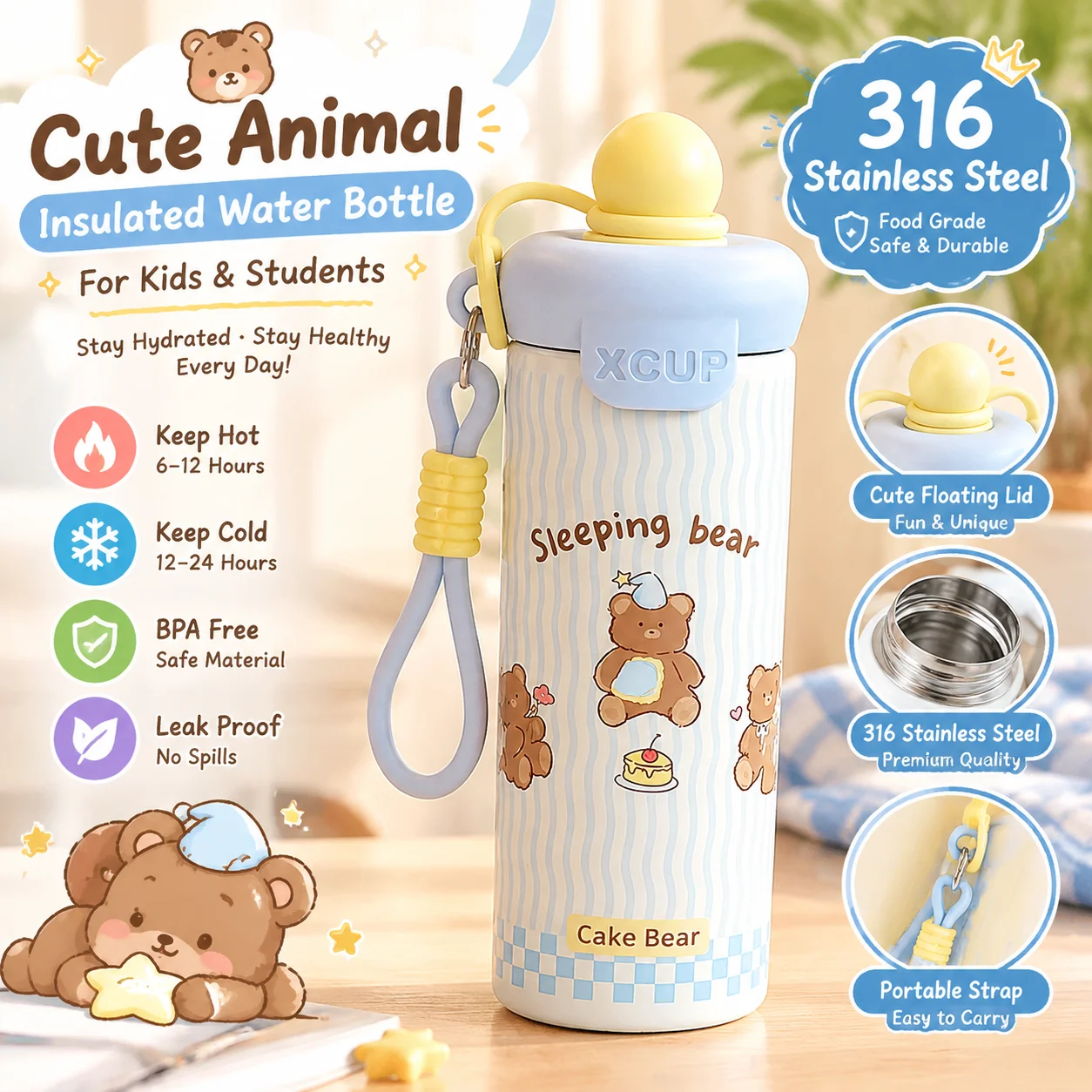 Cute Cartoon Animal Floating Ball Cup 316 Stainless Steel Insulated Water Bottle Kids Students Straw Cup with Lanyard Portable