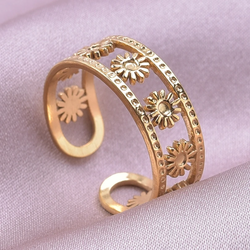 Bague 18k Gold Plated Open Adjustable Stainless Steel Rings For Women Men Accessories Cross Shell Plant Leaf Ring Finger Jewelry