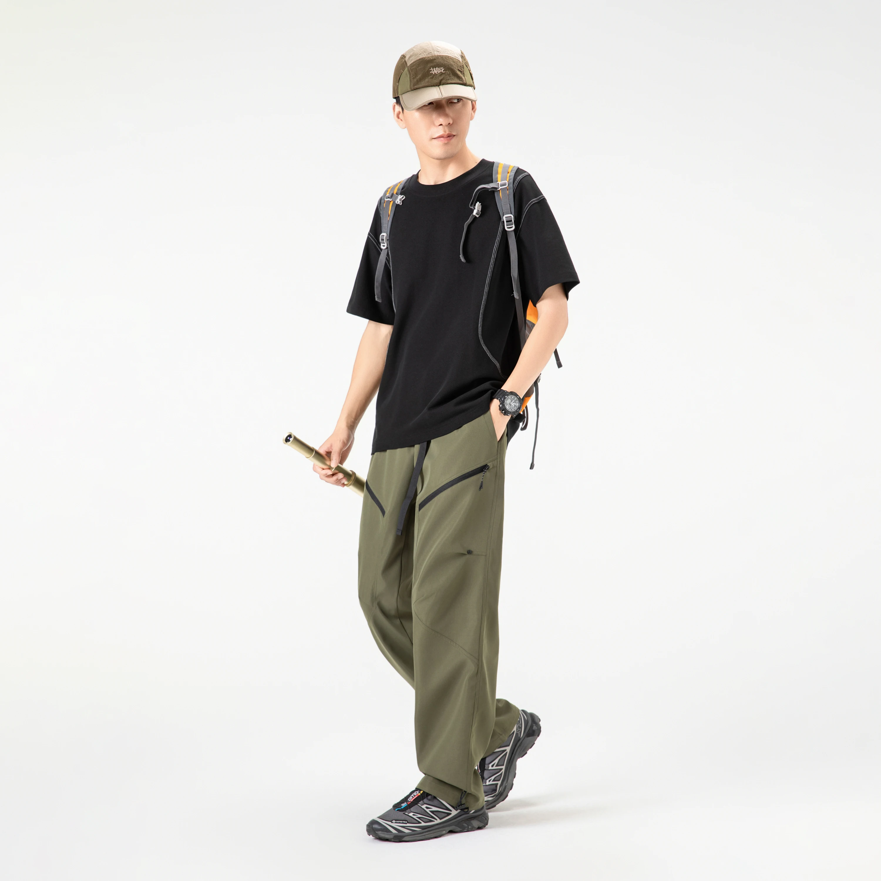 2025年秋 ドローストリング スウェットパンツ メンズ ホワイト ファッション ジッパー マルチポケット カジュアル ワイドパンツ ルーズ ストレート カジュアル 男性用