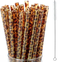 10/20pcs Leopard Plastic Straws Hard Plastic Reusable Straws with Cleaning Brush for Tumbler Cup Drinking Bar Party 230mm Long