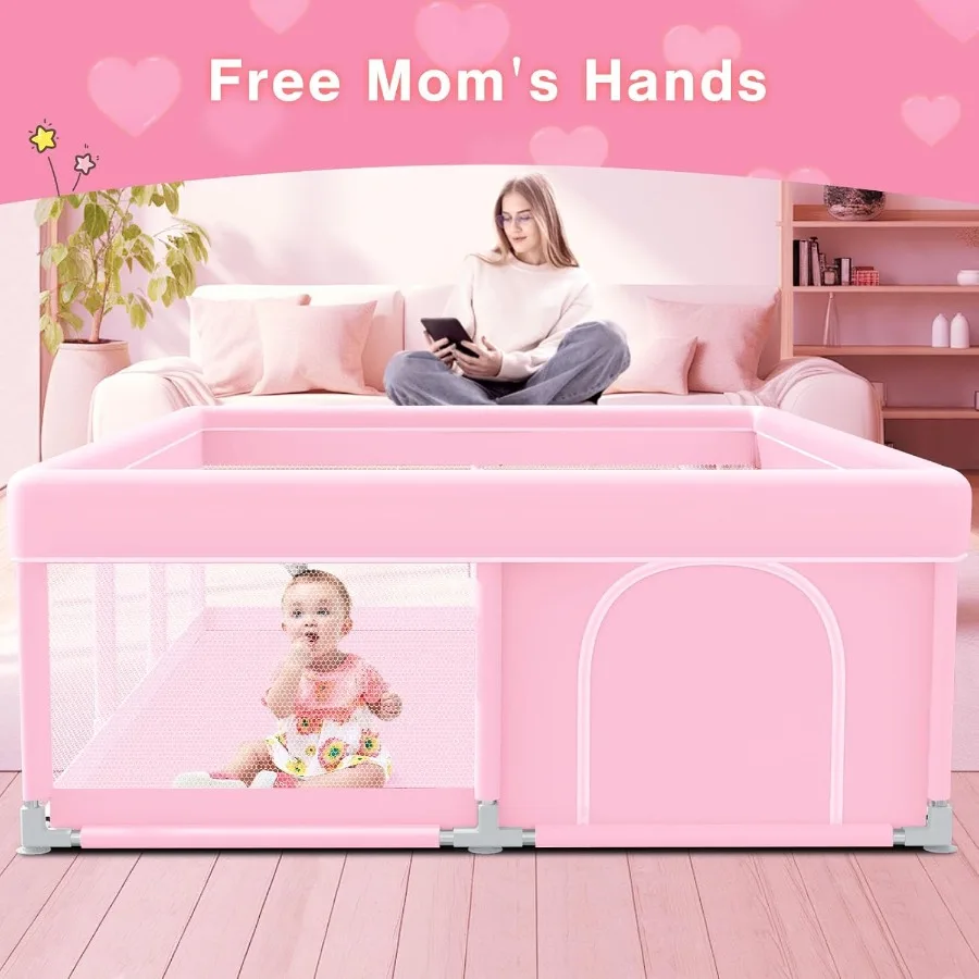 Pink Baby Playpen 74x50 Inches Playpen for Little Princess Play Yards Indoor and Outdoor Sturdy Safety Baby Girls Play Pen with