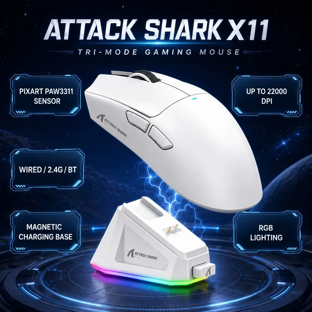 ATTACK SHARK X11-Mouse Tri-Mode Lightweight Gaming Mouse,PAW3311,22000DPI,400IPS,40G,1K Return Rate, 59±3g