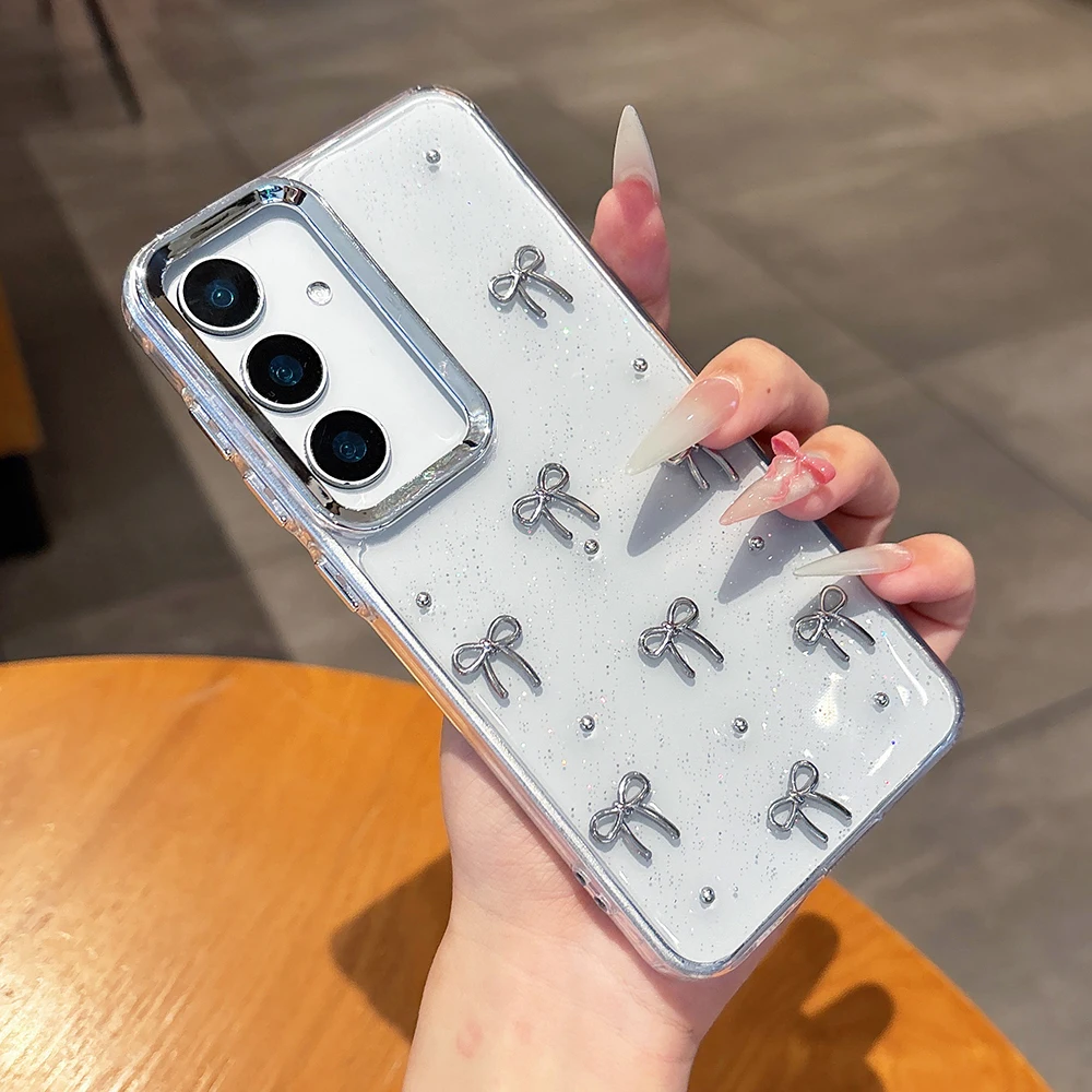 Niedliche 3D-Handyhülle mit silbriger Schleife für Samsung Galaxy A16 A25 A35 A56 A55 A54 A05S, weiche, stoßfeste, transparente Abdeckung, Epoxidharz-Hülle – Detail 2