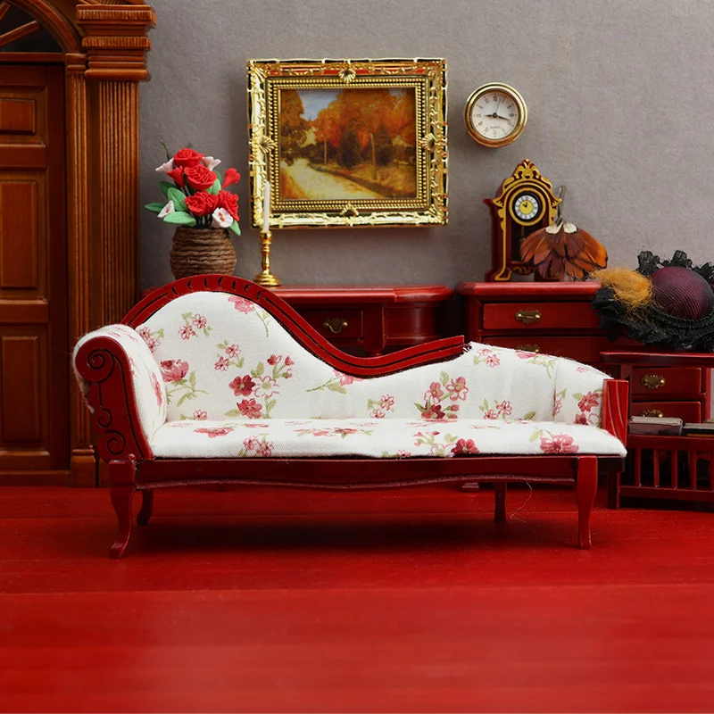 1/12 Scale Dollhouse Furniture Miniature Accessories Vintage Wood Floral Sofa Mini Victorian Bench Chair Lounge For Craft Decor