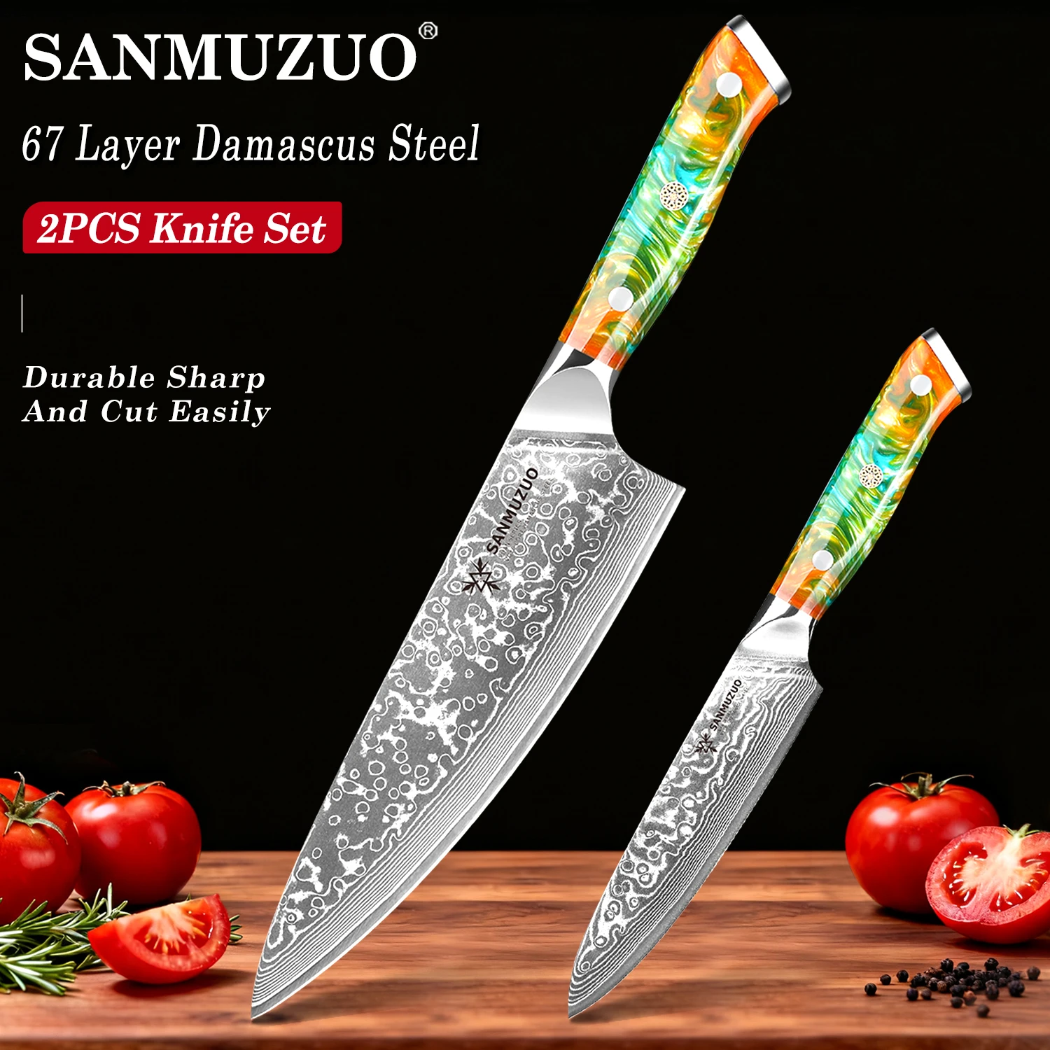 

SANMUZUO 2PCS Kitchen Knives Set - Sharp Japanese Style Damascus Steel Chef & Utility Knife With Resin Handle - XUAN Series