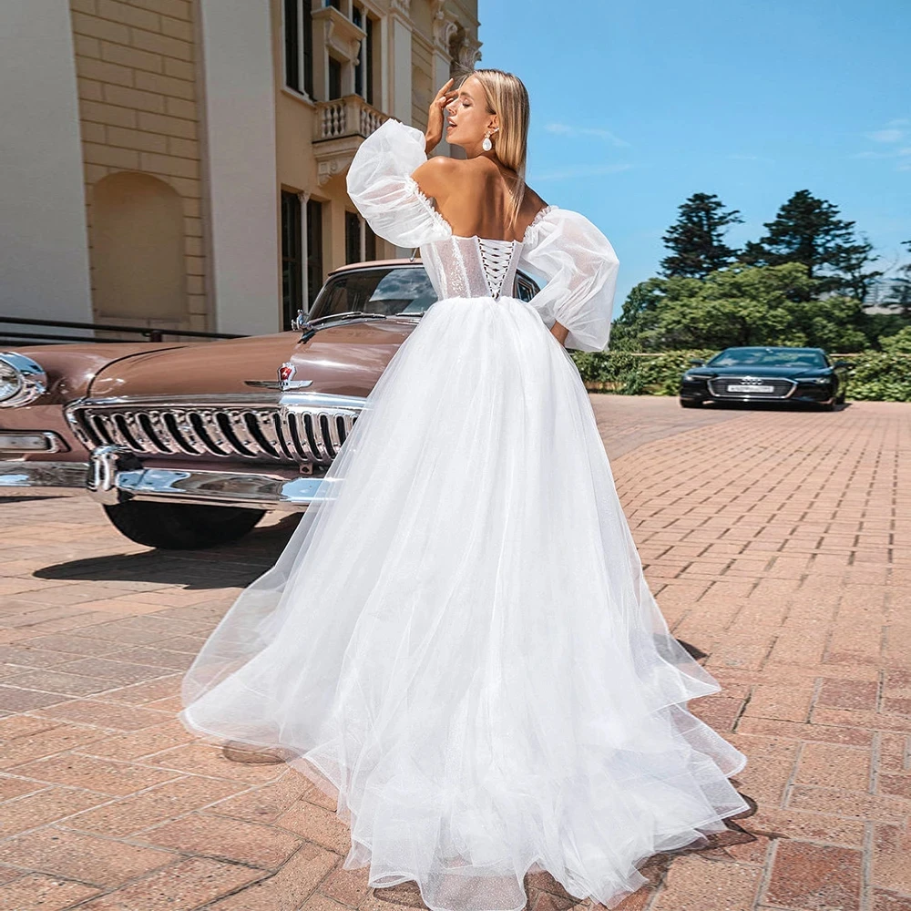 Suknie ślubne z koronkowymi aplikacjami dla panny młodej, tiulowe, długie, z odkrytymi ramionami, plażowe, w stylu boho, na zewnątrz, księżniczka, suknie ślubne.