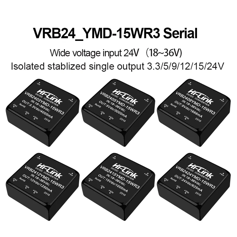Hi-Link VRB2403YMD VRB2405YMD VRB2412YMD VRB2424YMD 15W DIP Core 2to1 Wide Input 1500VDC Shield 91 Efficient Dual Path Metal