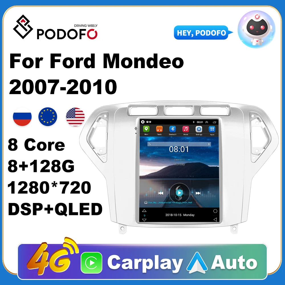 Podofo Car Android CarPlay Radio Multimedia Player For Ford Mondeo 2007-2010 2 Din Autoradio Video AI Voice GPS Navi 4G WiFi