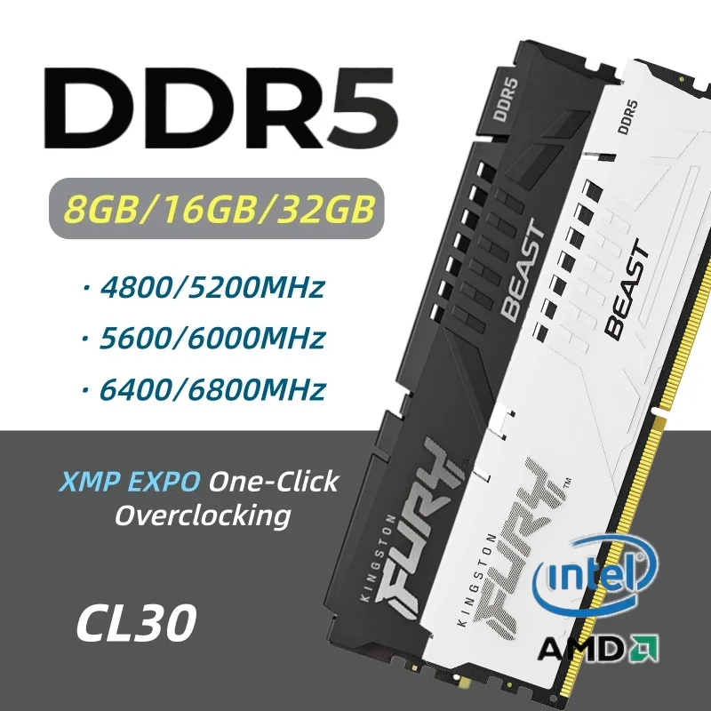 Memória Desktop Kingston Fury Beast DDR5 CL30/40 XMP EXPO 8/16/32GB 4800 5200 5600 6000 6400 6800Mhz DIMM