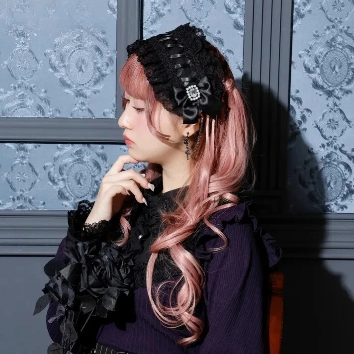 

Japanese Lolita Black Lace Bow Hair Accessories Sweet and Cute Girls Headwear College Style Versatile Lace Headband Bandana