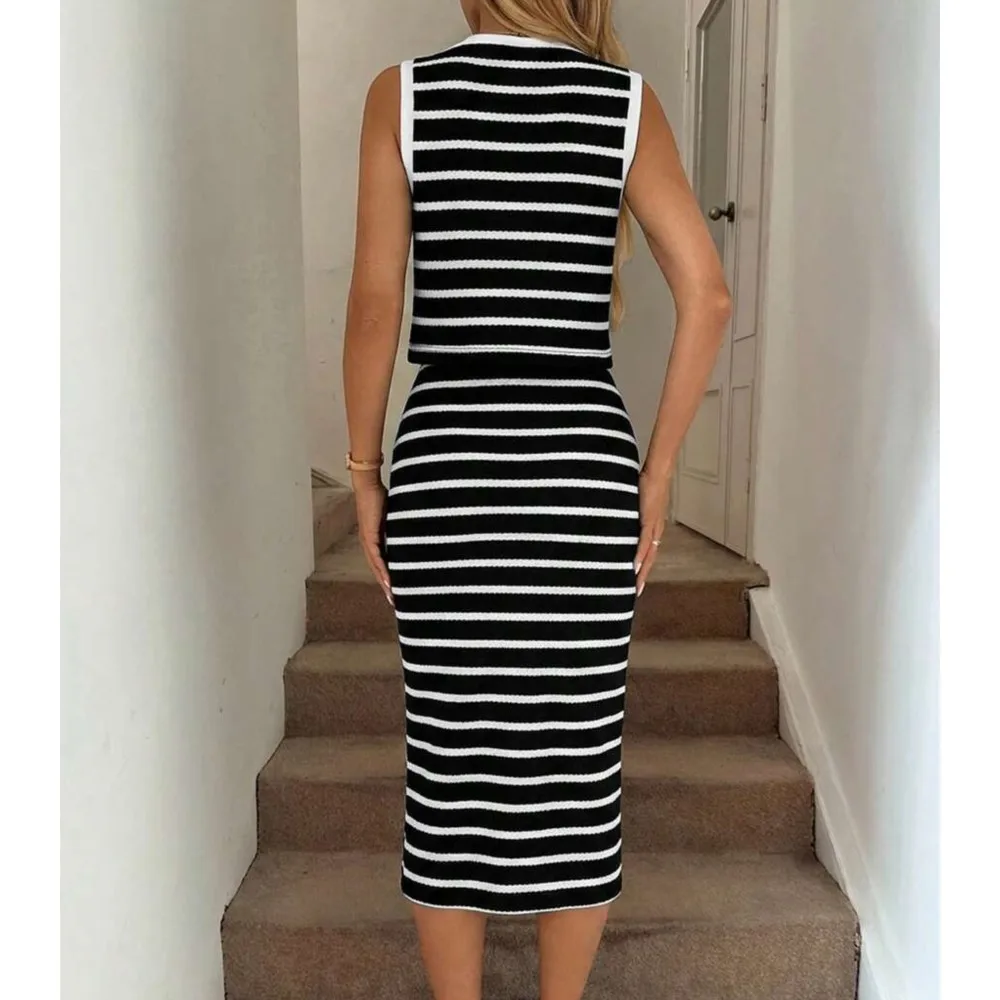 Summer Fashion Striped Sleeveless Vest Bodycon Midi Skirt Two Piece Set Elegant Women V-neck Tank Side Slit Skirt Matching Sets