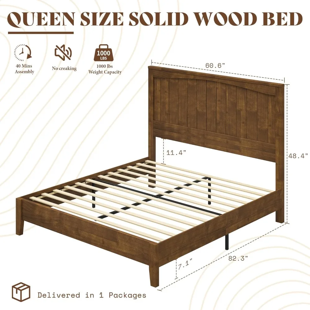 AMERLIFE Estrutura de cama de madeira maciça queen size com cabeceira de painel de 48", cama de plataforma moderna de meados do século com ripas de madeira duráveis, não