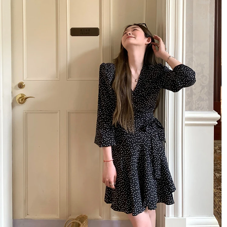 Polka Dot V Ne Long Sve feminino Dr primavera outono ort saia base em camadas cintura com cinto uma linha saia de fada