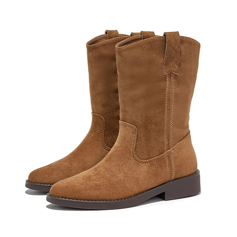 

Новинка 2023 года, женские ковбойские сапоги, нескользящие плиссированные женские ботильоны до середины икры, модные женские байкерские ботинки большого размера