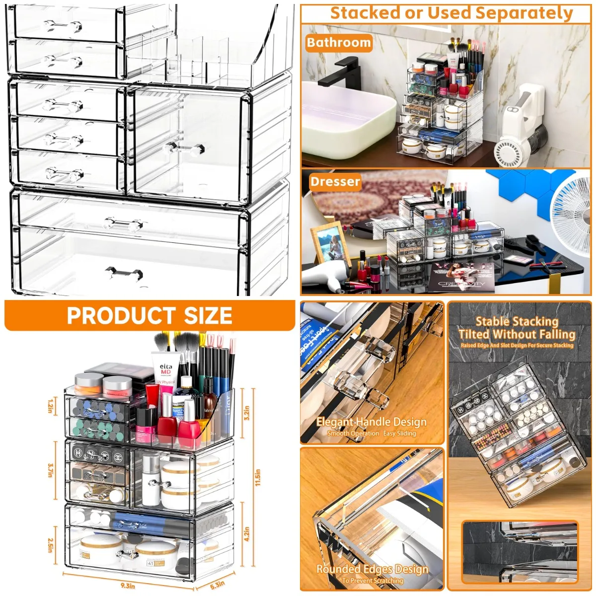 

Прозрачный акриловый органайзер для макияжа с 8 ящиками, штабелируемый туалетный столик для хранения вещей в ванной и красоте