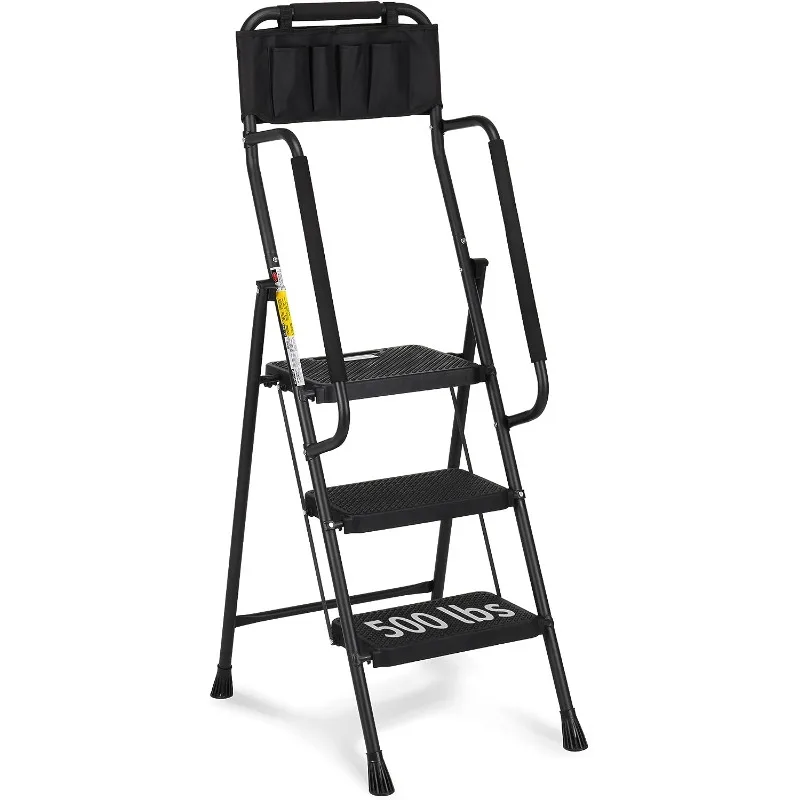 

HBTower 3 Step Ladder with Handrails, 500 lbs Folding Step Stool with Attachable Tool Bag & Anti-Slip Wide Pedal