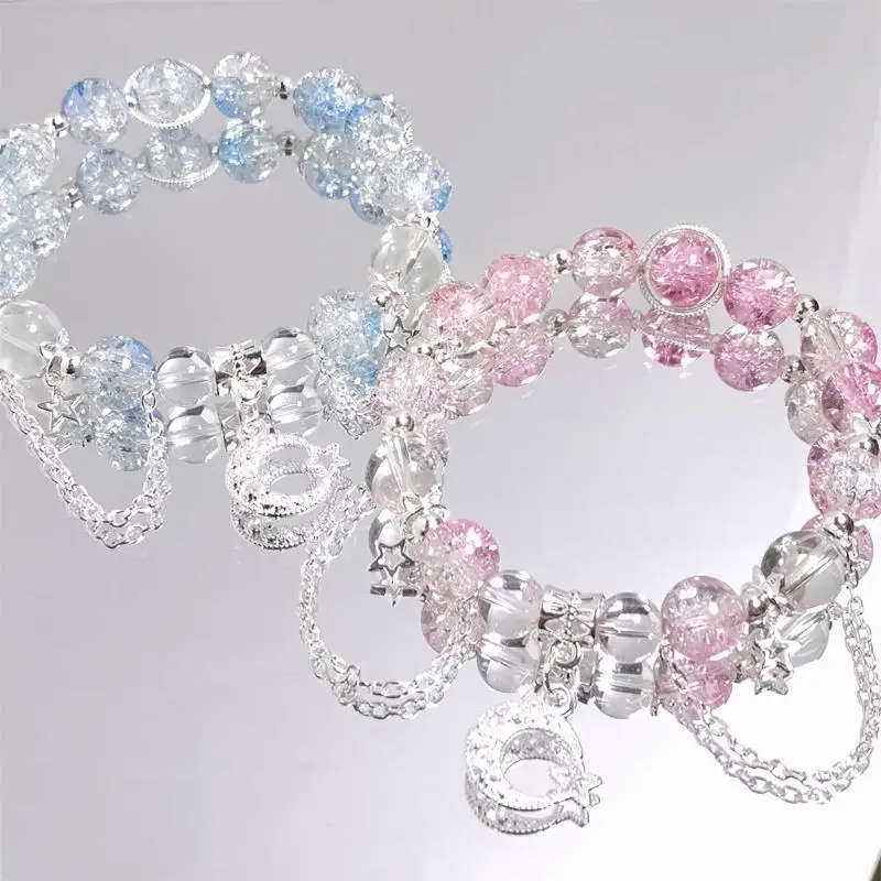Silver Color Star Moon Tassel Pendant 8mm Burst Flower Crystal Cracked Crystal Beaded Bracelets For Women Girls
