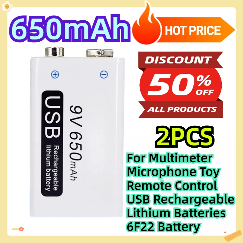 

For Multimeter Microphone Toy Remote Control 9V 650mah USB Rechargeable Lithium Batteries 6F22 Battery 2pcs