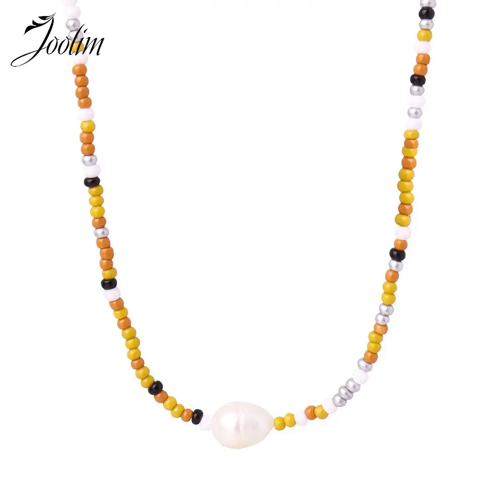 

Joolim Jewelry Wholesale Temperament Bohemia Retro Handmade Beaded Rice Pearl Pendant Stainless Steel Necklace for Women