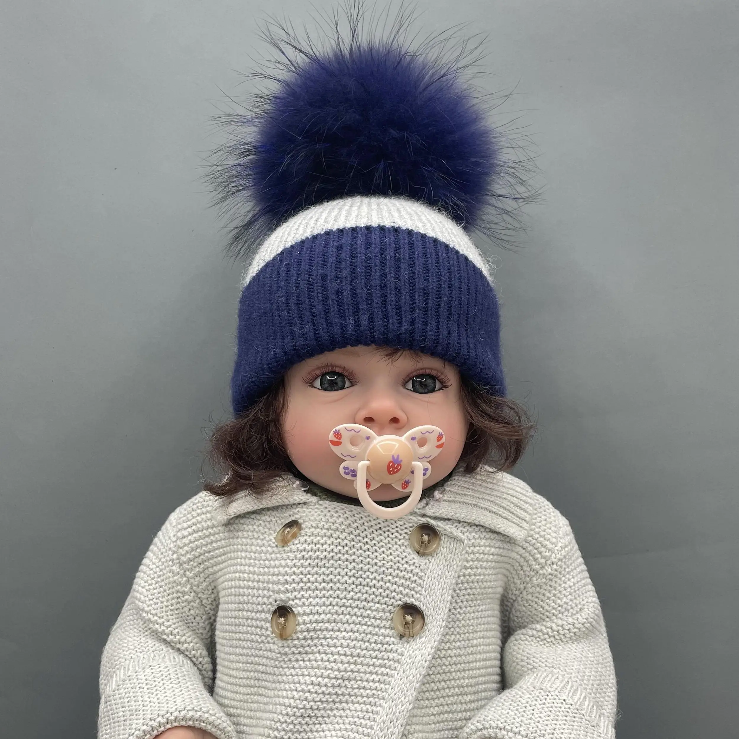 MISSJANEFUR Knitted Hats for Kids, Baby Angora Cashmere Cap for Girls and Boys, Real Fur Pom Pom Beanie, Home and Outdoor