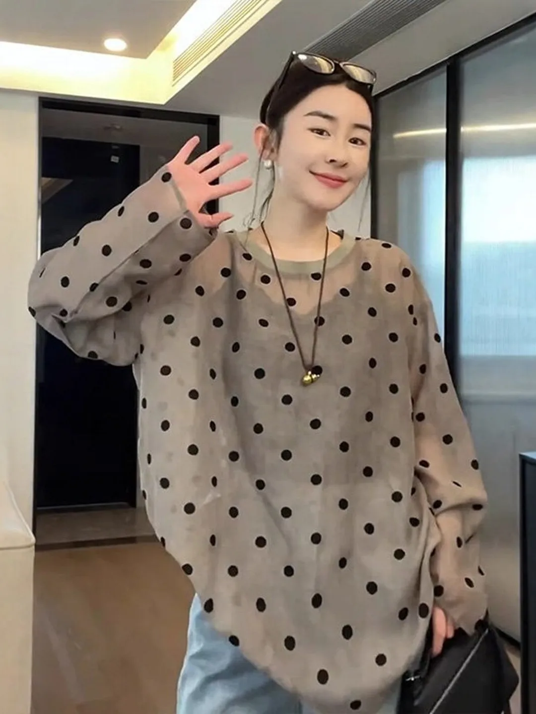 Retro Polka Dot Long Sleeve Women's Loose plus Size Commute Sunscreen Cover up Elegant Style Casual  And Pear Body Types