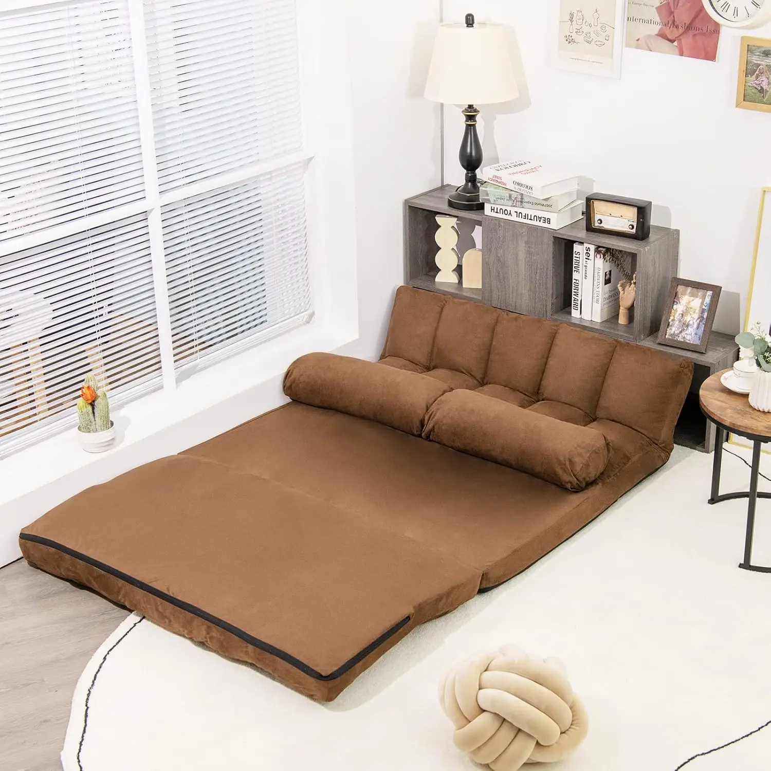 Adjustable Floor Sofa Bed, Foldable Lazy Sofa Sleeper Bed with 6 Position Backrest & 2 Pillows, Convertible Futon Couch Bed