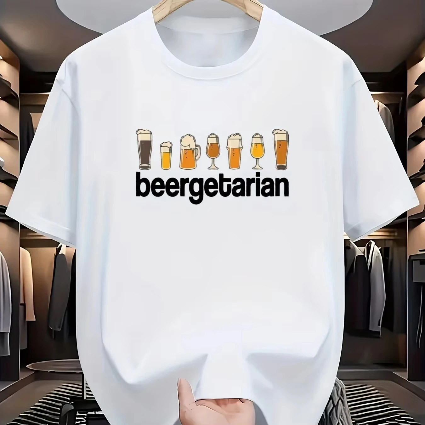 Men Cotton Funny Vegan Beer Lover T-Shirt BEERGETARIAN Print with Beer Mugs Vegan Symbol Navy Blue Crew Neck Casual Tee