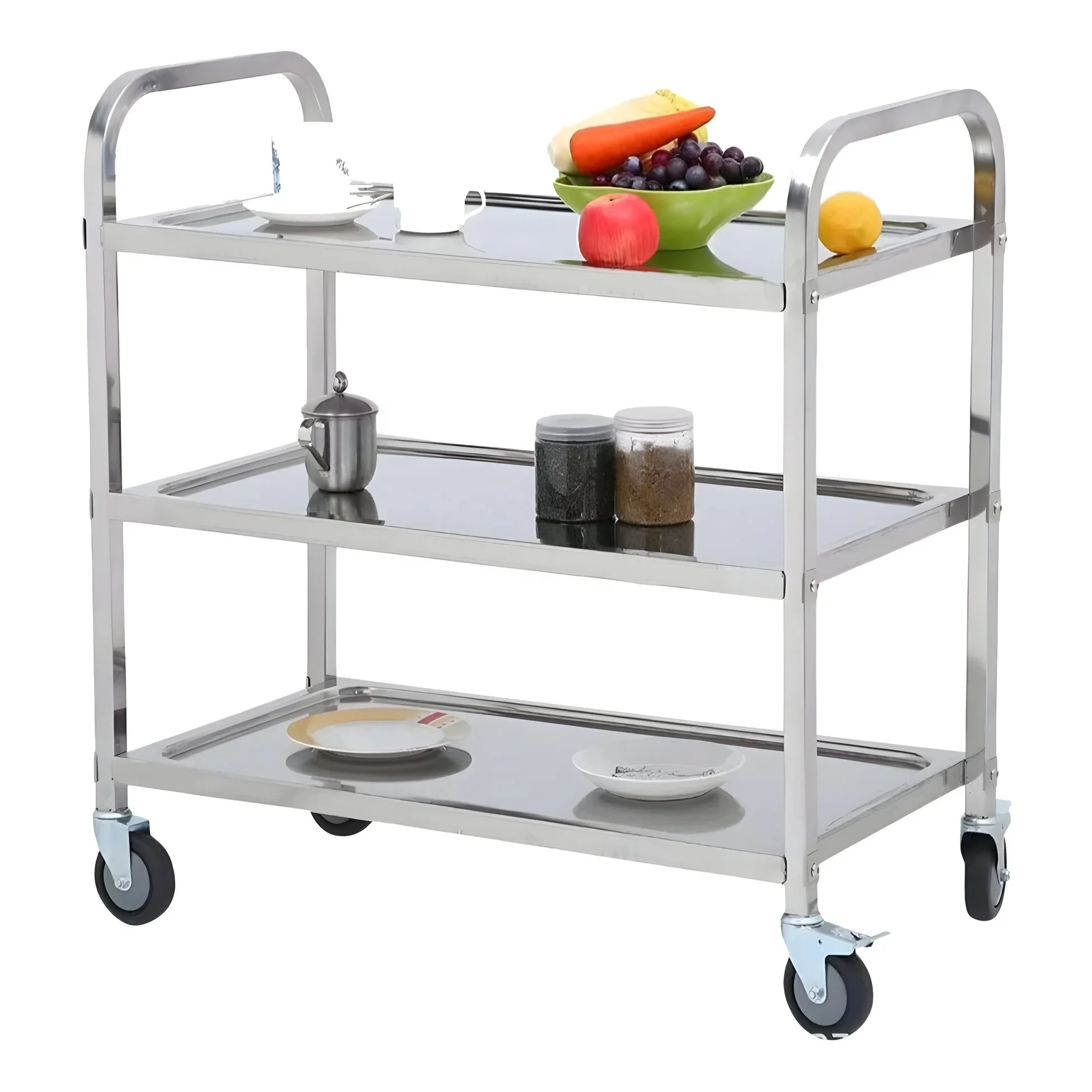 #2-Tiers 3-Layer Stainless Steel Tray Rack Trolley for Hotel Restaurant Service Factory Price Utility Kitchen Islands & Carts