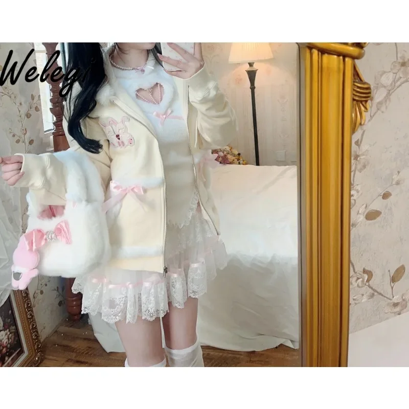 

Princess Sweet Outfit for Women 2024 Autumn and Winter New Cute Girl Warm Inner Bow Knitted Top and Short Skirts 2 Pieces Sets