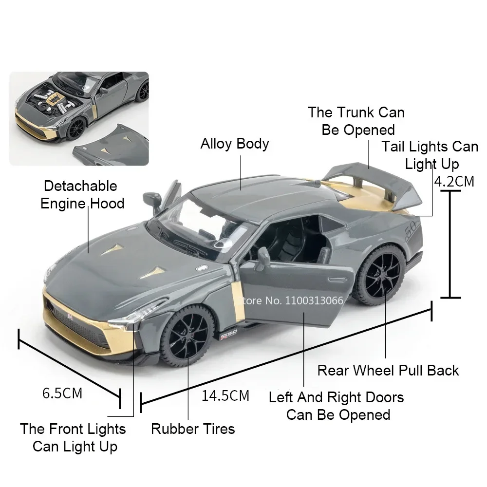 1:32 Nissan GTR50 Models Cars Alloy Diecast Toys Rubber Tires Miniature Car Light Sound 3 Doors Opened Vehicle Child Adult Gifts