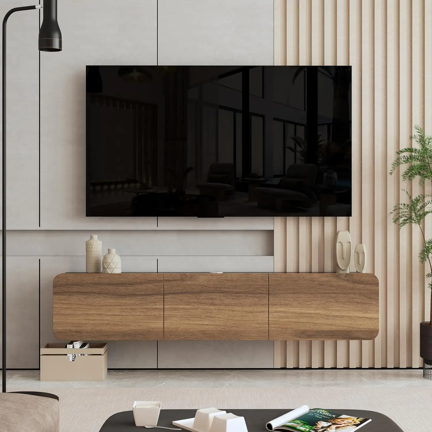 Modern Floating TV Stand Wall Mounted Media Console for 65-80 inch TVs Walnut & Black Marble, Customized