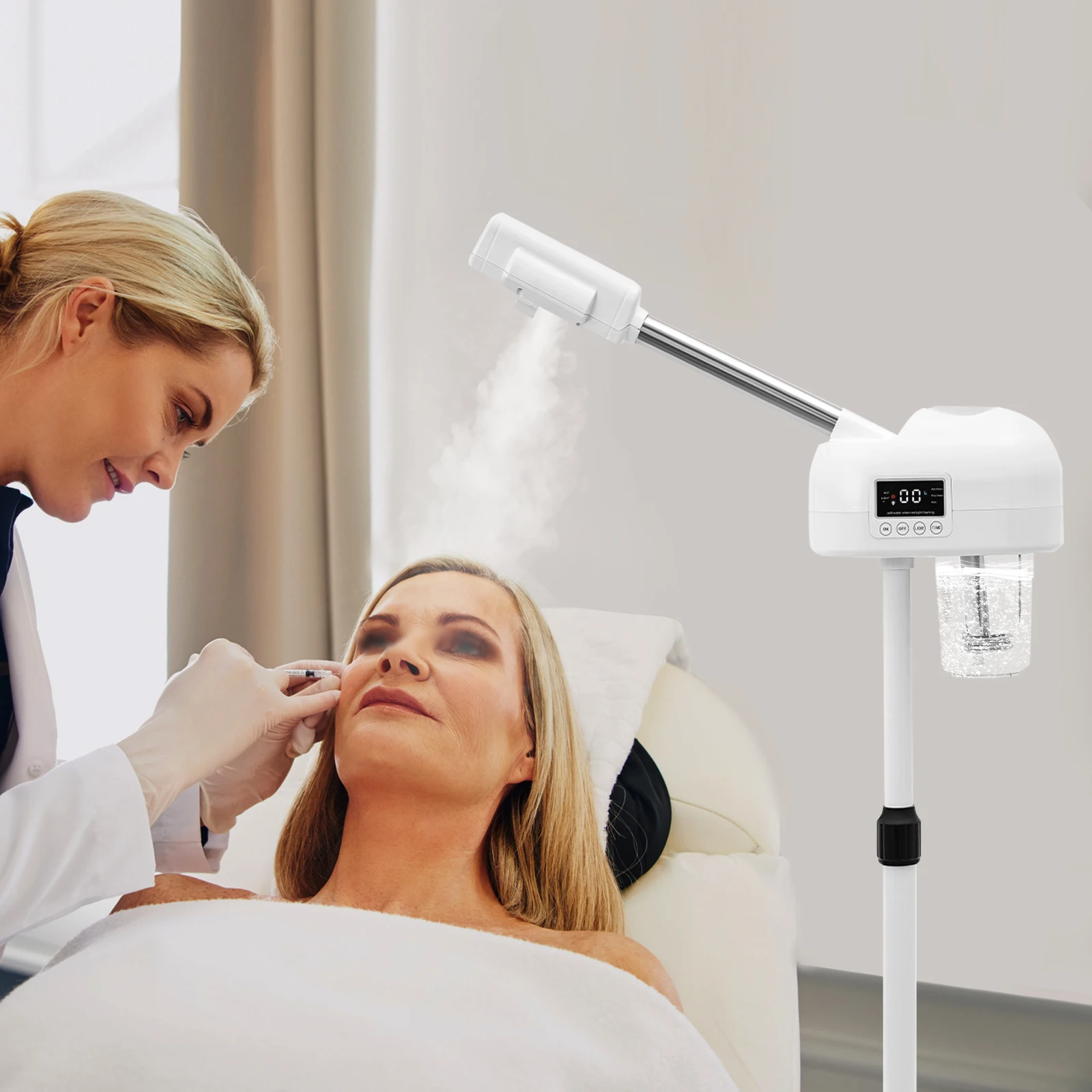 Vaporizador facial de pie de 750w, vaporizador facial de ozono LCD profesional para piel limpia, Spa para el cuidado de la piel con niebla caliente