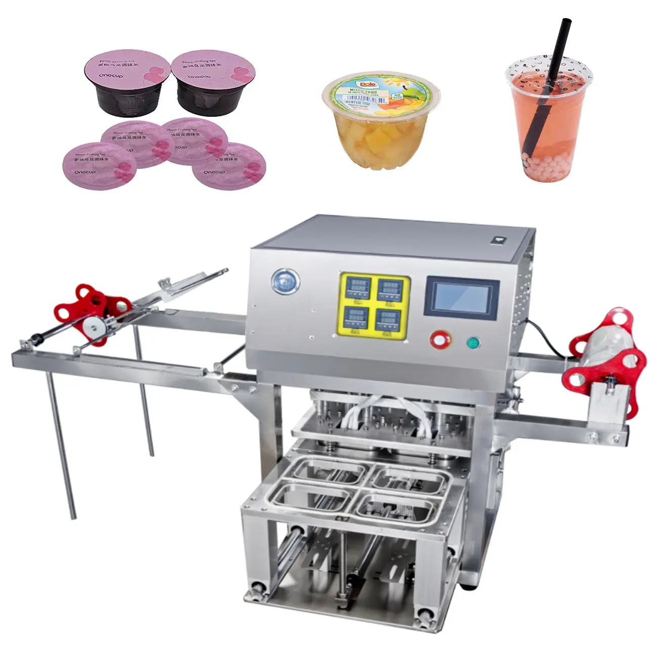 Customized Electric Semi Auto Four-station Yogurt Bubble Tea Coffee Popcorn Plastic Cup Sealing Machine with Wood Case Packaging