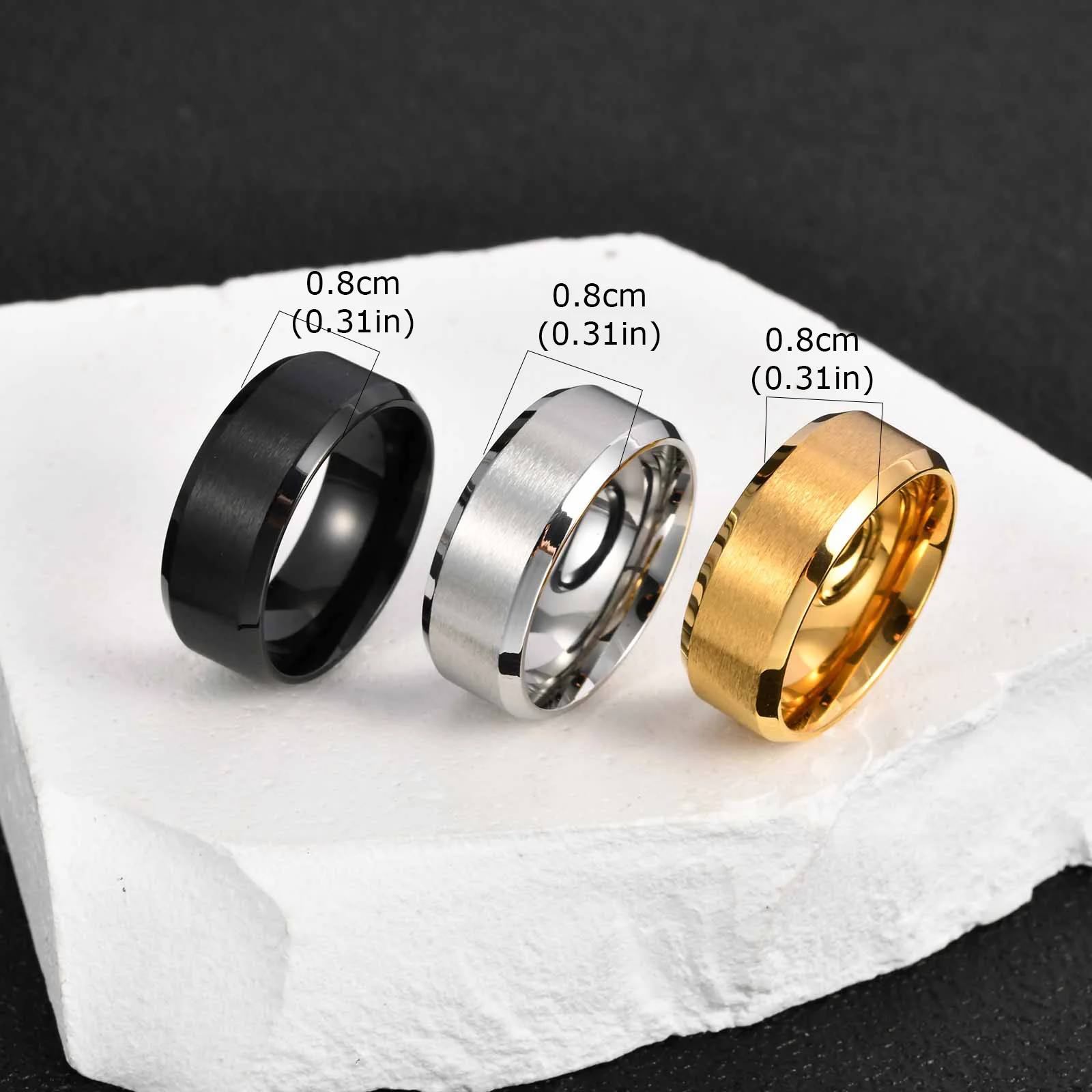 Vnox 3-teiliges Herren-Ringset aus Edelstahl, schwarz, silberfarben, goldfarben, Ehering, Schmuckgeschenk zum Jahrestag, Geburtstag, Party, neu – Detail 7