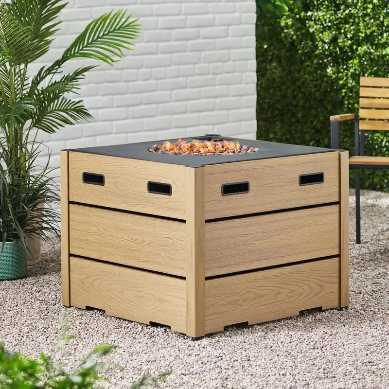 

Outdoor 31" WPC Base Square Propane Fire Pit, 40000 BTU, Brown Design for Patio or Garden Use