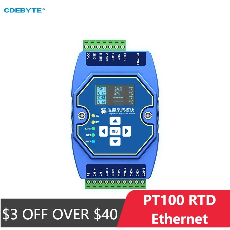 Moduł pomiaru temperatury 4-kierunkowy PT100 RTD Ethernet RS485 z wyświetlaczem OLED CDEBYTE ME31-XDXX0400 Obsługa Modbus