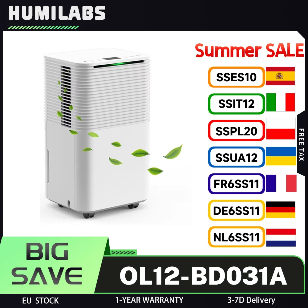 Déshumidificateur portable HUMILABS OL12-BD031A, capacité de déshumidification de 12 L, drainage automatique/manuel, minuterie 24 heures, faible bruit, 3 modes