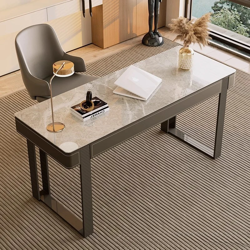Saddle leather desk light luxury solid wood modern study computer table Italian minimalist home writing workbench desk
