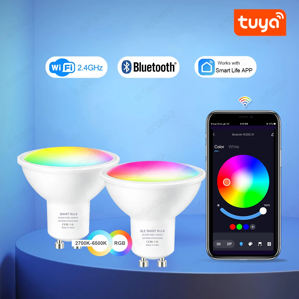 Tuya GU10 żarówka LED WiFi/Bluetooth RGB + CW + WW z możliwością przyciemniania 5W 220V lampa Led Bombillas, inteligentne światło kontrolne aplikacji Life, reflektor Led GU10